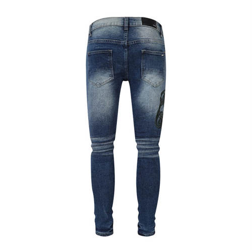 1:1 Quality Amir* Two-Tone Blue Destroyed Skinny Jeans With Green Curly Script Embroidery Men Streetwear Denim Pants
