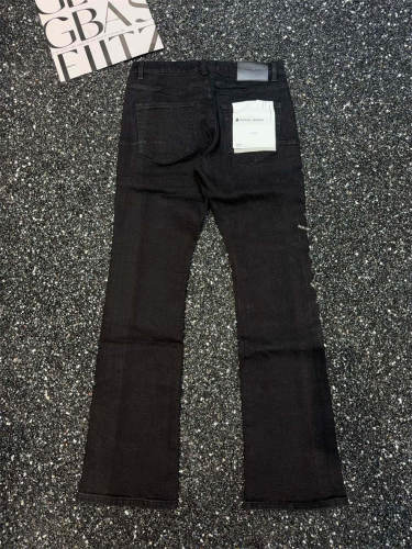 Mens Black Rhinestone Logo Flared Jeans Stretch Stacked Bootcut Denim Pants