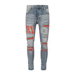 1:1 Quality Amir* Wash Orange Letter Embroidery Ripped Skinny Jeans