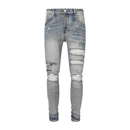 1:1 Quality Amir* Light Antique Wash Destroyed Skinny Jeans With Black Side Graphic Print