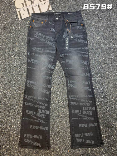 Full Print Purple Brand Logo Black Flare Jeans Men Streetwear Denim Pants