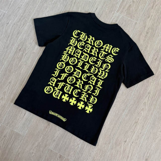 1:1 Top Quality CH Neon Green Gothic Text Print Black T Shirt