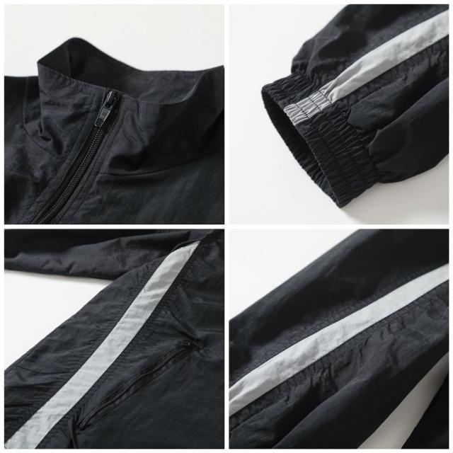 BLCG Stand Collar Zip Up Windbreaker Jacket, Black Side Dual Grey Stripe Lightweight