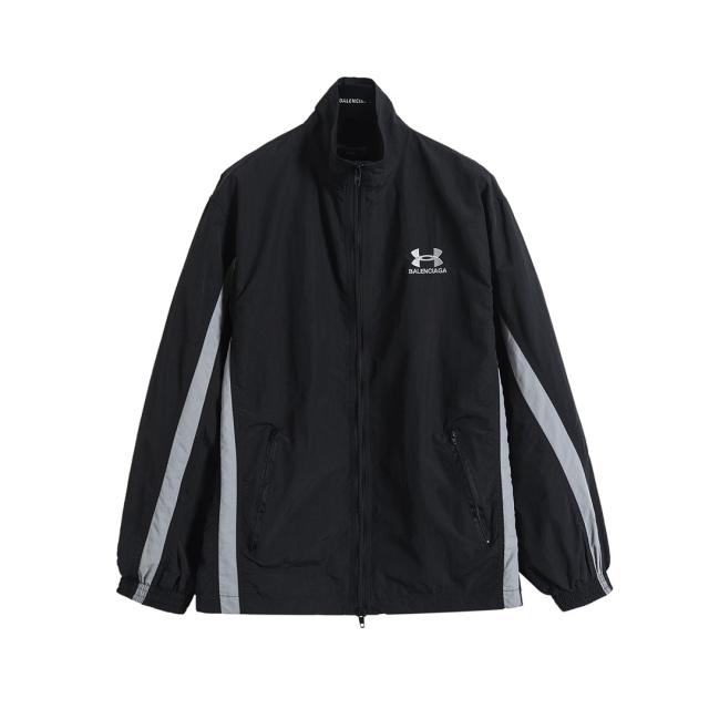 BLCG Stand Collar Zip Up Windbreaker Jacket, Black Side Dual Grey Stripe Lightweight