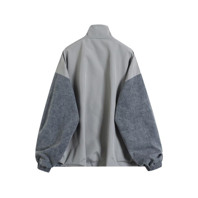 BLCG Stand Collar Zip Up Windbreaker Jacket, 3-Tone Color Block Graphic Jacket
