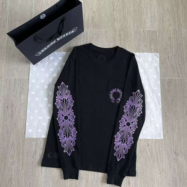 1:1 Quality CH Purple Glitter Ornate Floral Scroll Sleeve Print Horseshoe Logo T-Shirt