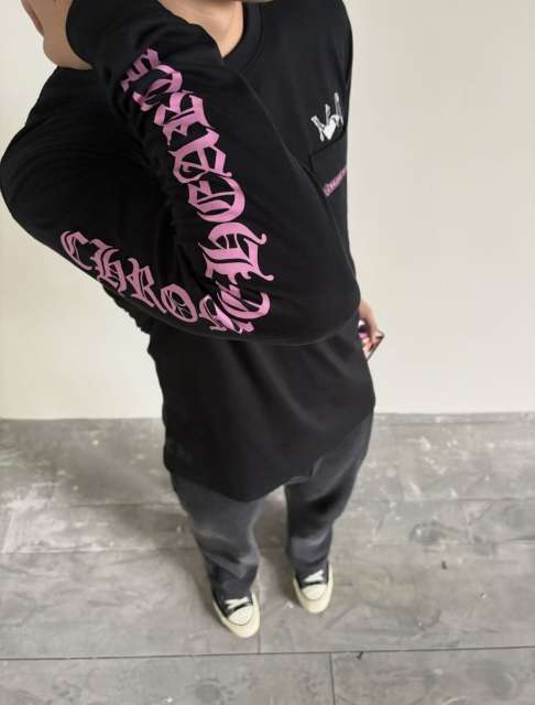 1:1 Quality CH Deadly Doll Black Long Sleeve Tee, Back Pink Floral Girl Graphic Print