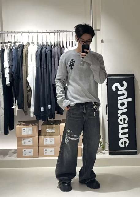 1:1 Top Quality CH Cross Patch Waffle Knit Henley Shirt, Gray