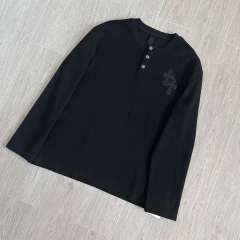 1:1 Top Quality CH Cross Patch Waffle Knit Henley Shirt, Black