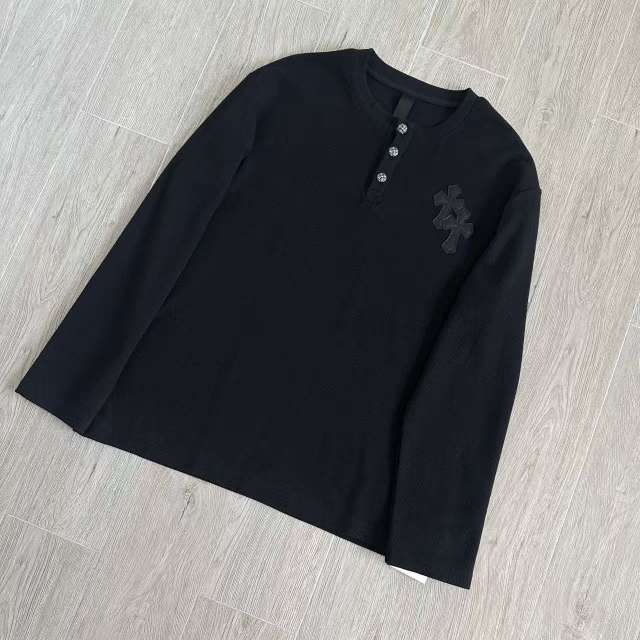 1:1 Top Quality CH Cross Patch Waffle Knit Henley Shirt, Black