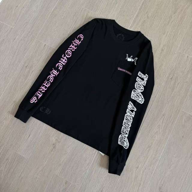 1:1 Quality CH Deadly Doll Black Long Sleeve Tee, Back Pink Floral Girl Graphic Print