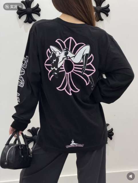 1:1 Quality CH Deadly Doll Black Long Sleeve Tee, Back Pink Floral Girl Graphic Print
