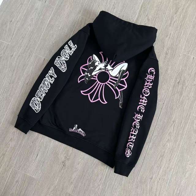 1:1 Top Quality CH Deadly Doll Black Hoodie, Back Pink Floral Girl Graphic Hoodie
