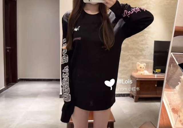 1:1 Quality CH Deadly Doll Black Long Sleeve Tee, Back Pink Floral Girl Graphic Print