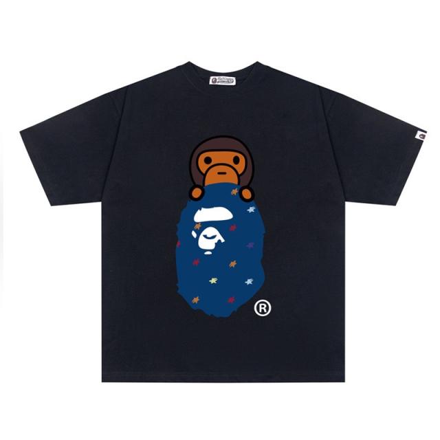 Bape Baby Milo Star Print Blue Ape Head Graphic T-Shirt Black White