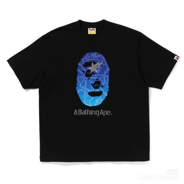 Bape Gradient Blue Camo Ape Head Silver Star Lightning Graphic T-Shirt Black White