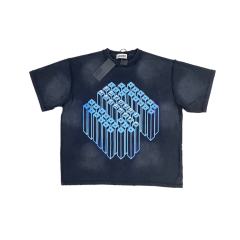 SATOSHIBlue 3D Cube Graphic Distressed Shirt