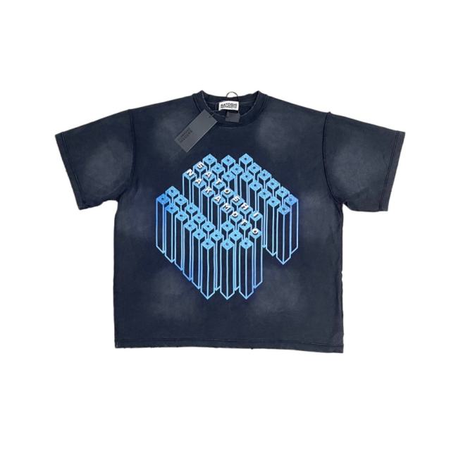 SATOSHIBlue 3D Cube Graphic Distressed Shirt
