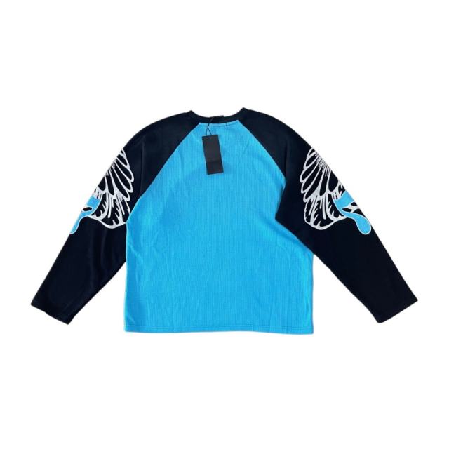 SATOSHI NAKAMOTO Blue Black Raglan Long Sleeve Tee Men Racing Skull Graphic Waffle Knit