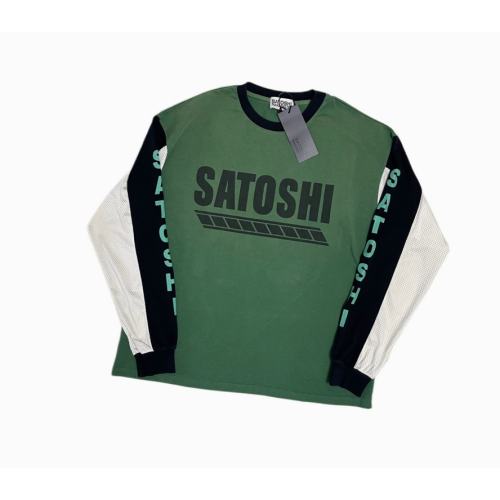 Vintage Washed Green SATOSHI NAKAMOTO Color Block Raglan Long Sleeve Tee