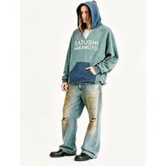 SATOSHI NAKAMOTO Vintage Washed Two-Tone Teal Blue SATOSHI NAKAMOTO Cropped Hoodie