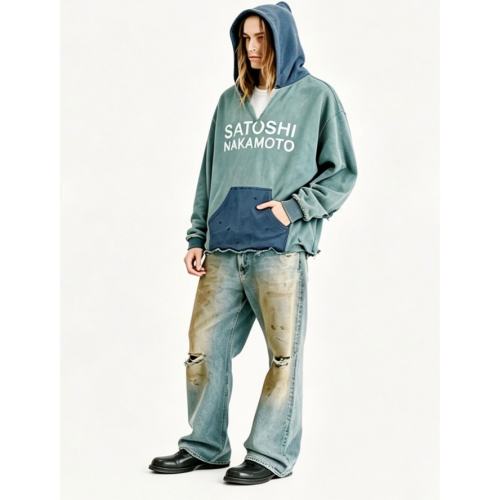 SATOSHI NAKAMOTO Vintage Washed Two-Tone Teal Blue SATOSHI NAKAMOTO Cropped Hoodie