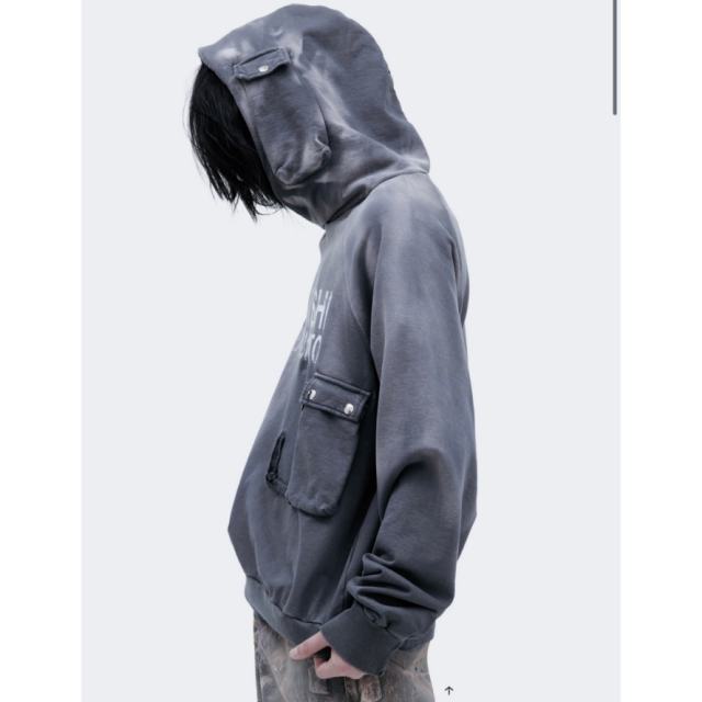 SATOSHI NAKAMOTO Vintage Washed Dark Grey SATOSHI NAKAMOTO Multi Cargo Pocket Hoodie