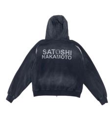 SATOSHI NAKAMOTO Men Faded Wash SATOSHI NAKAMOTO Letter Print Zip Hoodie