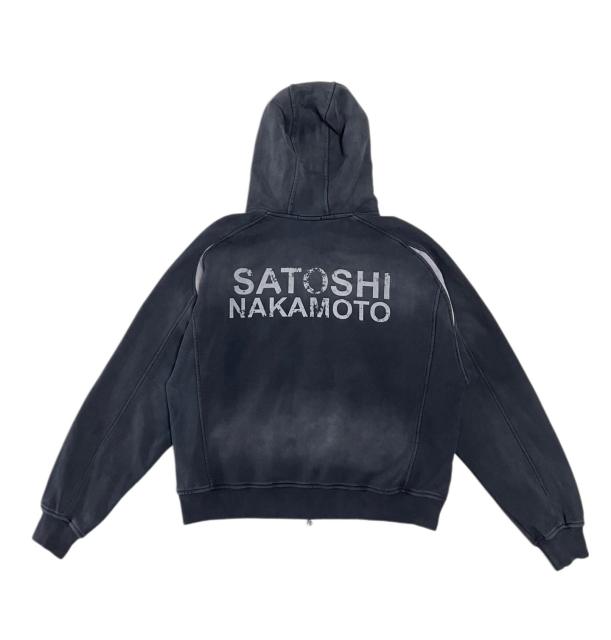 SATOSHI NAKAMOTO Men Faded Wash SATOSHI NAKAMOTO Letter Print Zip Hoodie