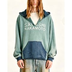 SATOSHI NAKAMOTO Vintage Washed Two-Tone Teal Blue SATOSHI NAKAMOTO Cropped Hoodie