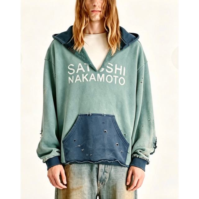 SATOSHI NAKAMOTO Vintage Washed Two-Tone Teal Blue SATOSHI NAKAMOTO Cropped Hoodie