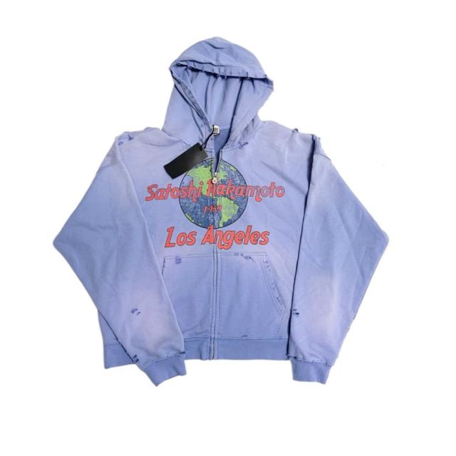 SATOSHI NAKAMOTOVintage Washed Light Blue SATOSHI NAKAMOTO Los Angeles Globe Zip Hoodie