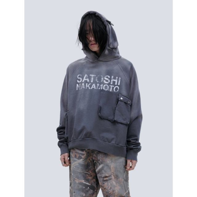 SATOSHI NAKAMOTO Vintage Washed Dark Grey SATOSHI NAKAMOTO Multi Cargo Pocket Hoodie