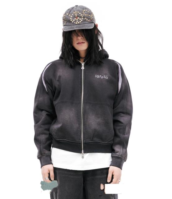 SATOSHI NAKAMOTO Men Faded Wash SATOSHI NAKAMOTO Letter Print Zip Hoodie