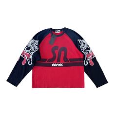 SATOSHI NAKAMOTO Red Black Raglan Long Sleeve Tee Men Racing Skull Graphic Waffle Knit