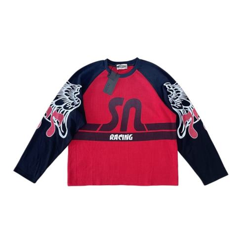 SATOSHI NAKAMOTO Red Black Raglan Long Sleeve Tee Men Racing Skull Graphic Waffle Knit