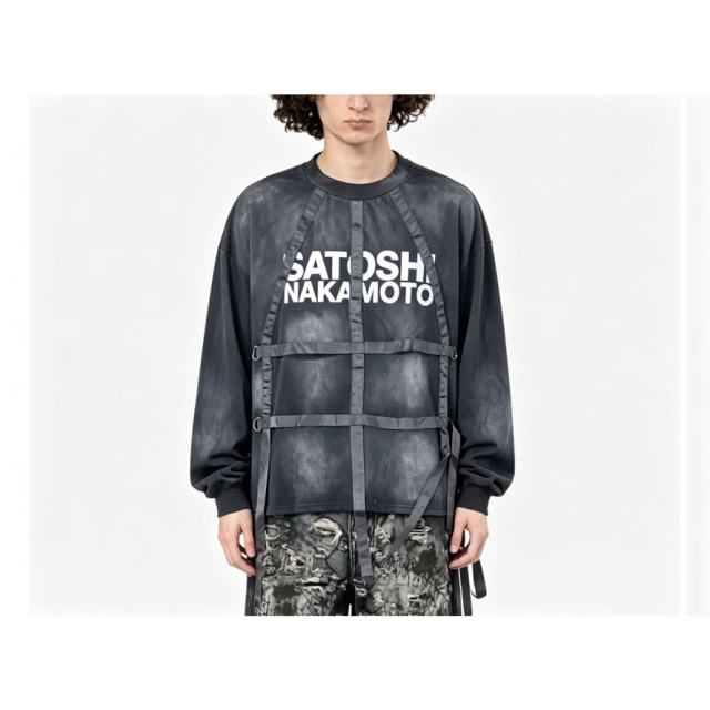 SATOSHI NAKAMOTO Vintage Washed Grey Harness Strap Long Sleeve Tee