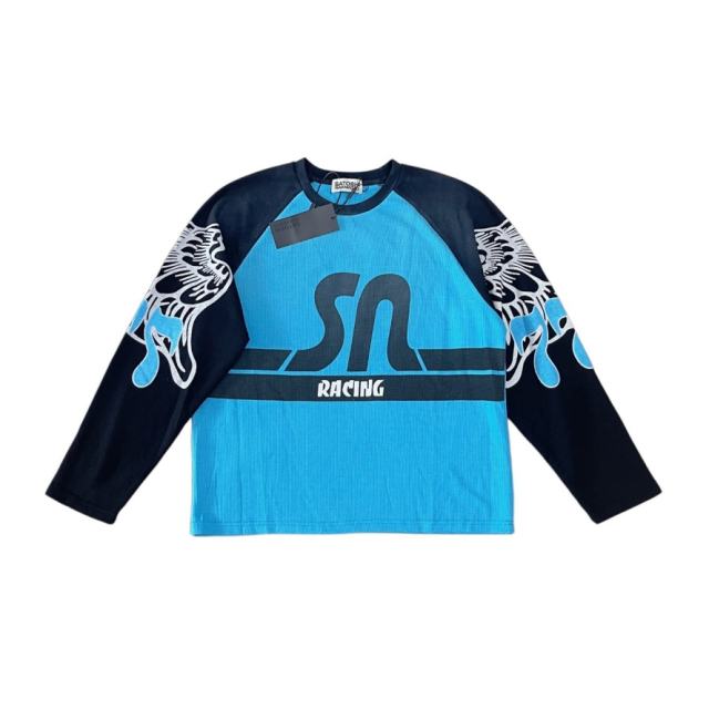 SATOSHI NAKAMOTO Blue Black Raglan Long Sleeve Tee Men Racing Skull Graphic Waffle Knit