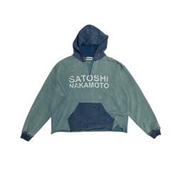 SATOSHI NAKAMOTO Vintage Washed Two-Tone Teal Blue SATOSHI NAKAMOTO Cropped Hoodie