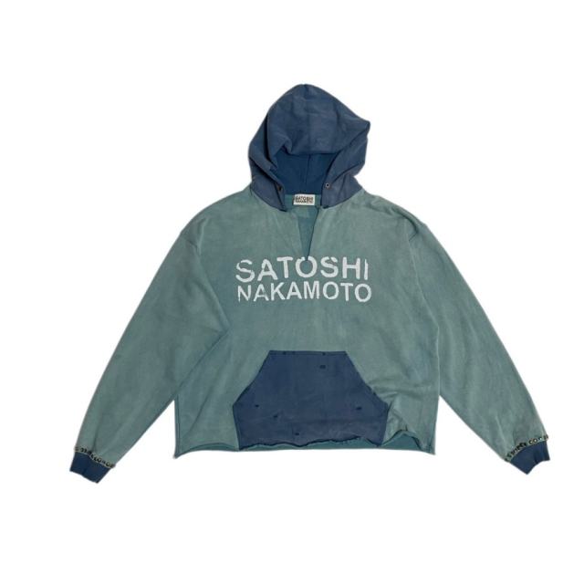 SATOSHI NAKAMOTO Vintage Washed Two-Tone Teal Blue SATOSHI NAKAMOTO Cropped Hoodie