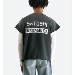 Vintage Washed Black SATOSHI NAKAMOTO Cutoff Tank Top