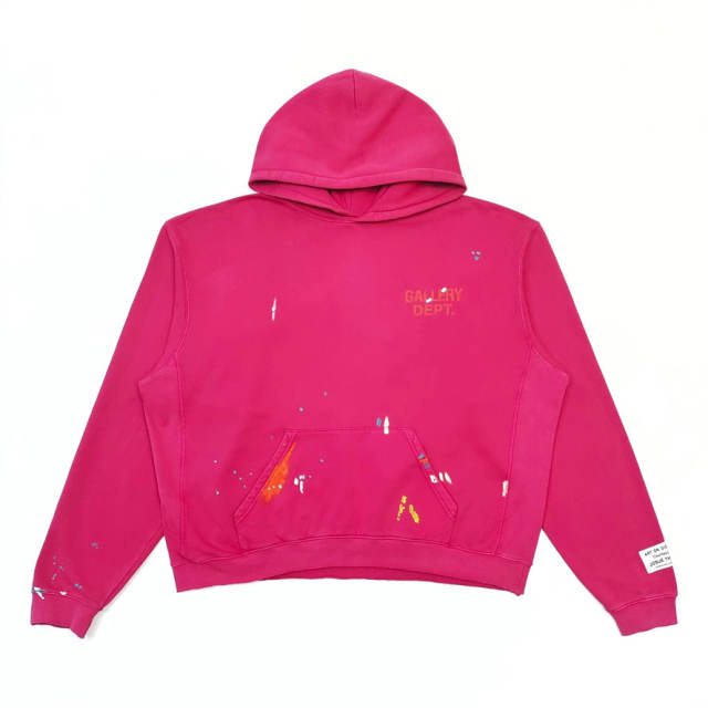 1:1 Top Quality Gallery Dept Hot Pink Paint Splatter Hoodie Vintage Washed Back Orange Logo Pullover Hooded Sweatshirt