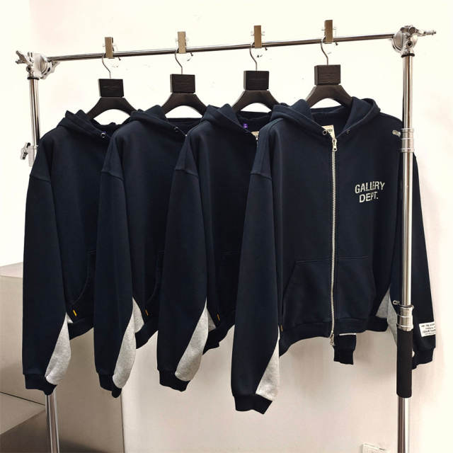 1:1 Top Quality Gallery Dept Black Gray Color Block Full Zip Hoodie Chest Logo Contrast Panel Zip Up Hooded Jacket