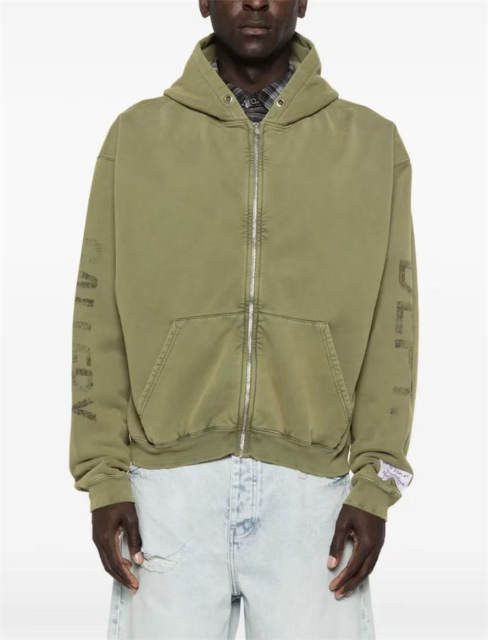 1:1 Top Quality Gallery Dept Olive Green Full Zip Hoodie Paris FR Back & Sleeve Vintage Print Zip Up Sweat Jacket