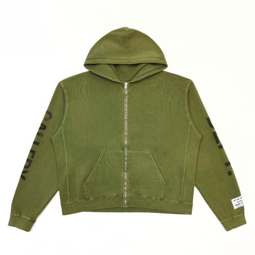 1:1 Top Quality Gallery Dept Olive Green Full Zip Hoodie Paris FR Back & Sleeve Vintage Print Zip Up Sweat Jacket