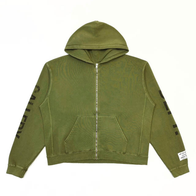 1:1 Top Quality Gallery Dept Olive Green Full Zip Hoodie Paris FR Back & Sleeve Vintage Print Zip Up Sweat Jacket