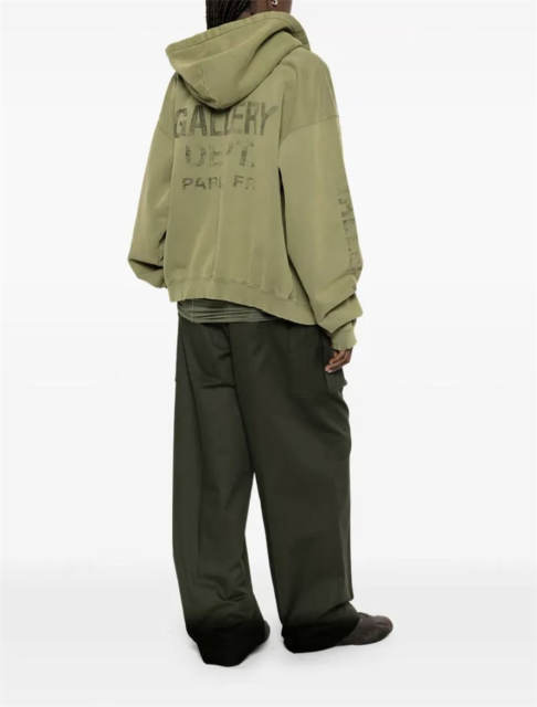 1:1 Top Quality Gallery Dept Olive Green Full Zip Hoodie Paris FR Back & Sleeve Vintage Print Zip Up Sweat Jacket