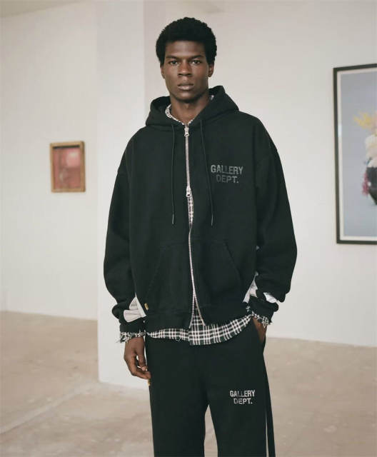 1:1 Top Quality Gallery Dept Black Gray Color Block Full Zip Hoodie Chest Logo Contrast Panel Zip Up Hooded Jacket