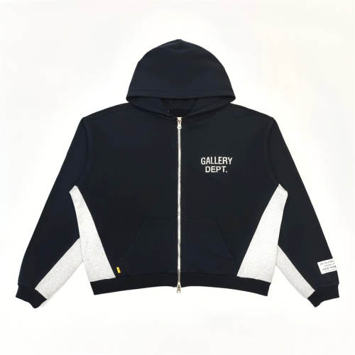 1:1 Top Quality Gallery Dept Black Gray Color Block Full Zip Hoodie Chest Logo Contrast Panel Zip Up Hooded Jacket