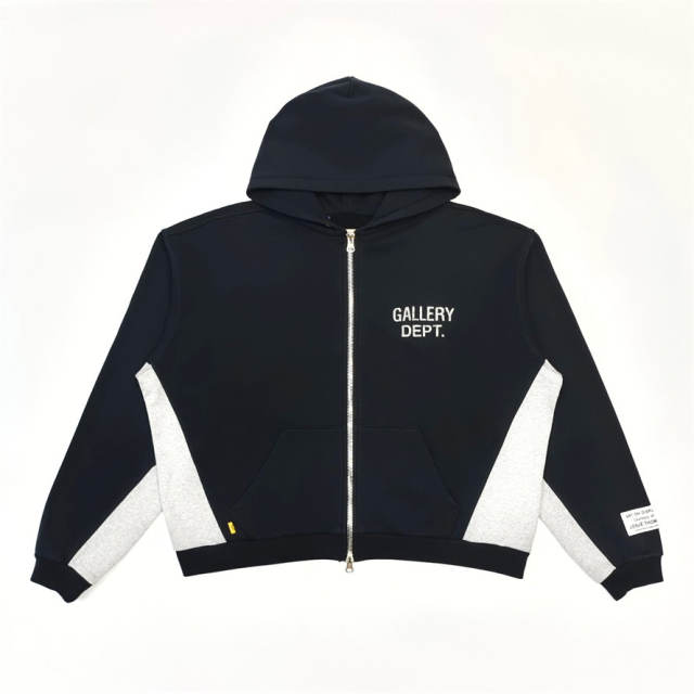 1:1 Top Quality Gallery Dept Black Gray Color Block Full Zip Hoodie Chest Logo Contrast Panel Zip Up Hooded Jacket